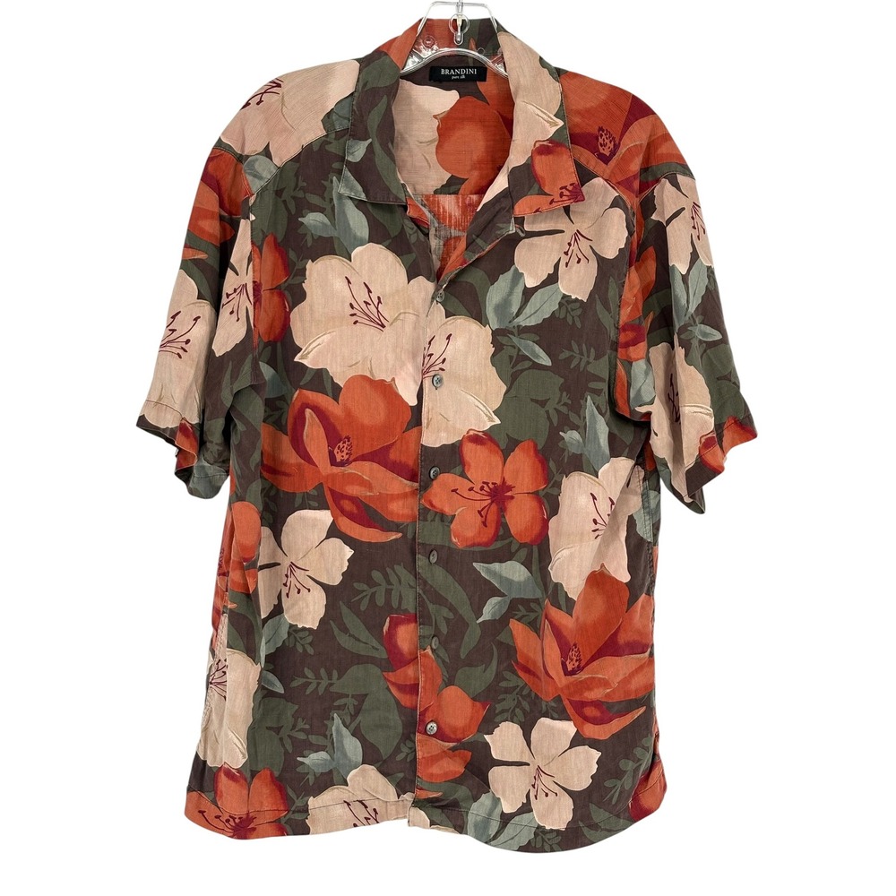 Brandini Pure Silk Button Down Shirt Brown Orange Floral 100% Silk Large
